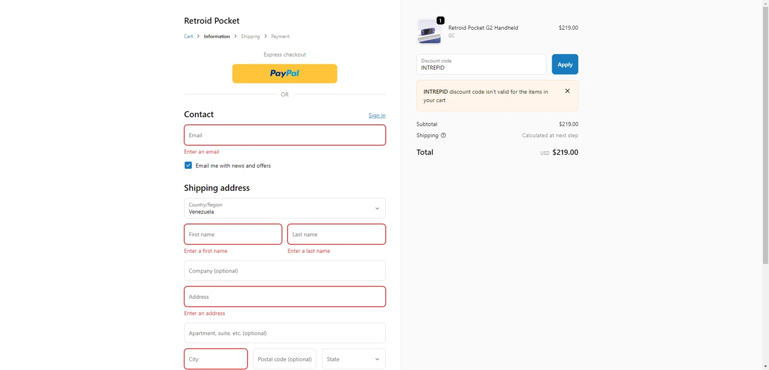 Retroid Pocket discount code screenshot showing code INTREPID applied at Retroid Pocket checkout page. Uploaded by SimplyCodes community member CodeGuardian5312 on Nov 27, 2025