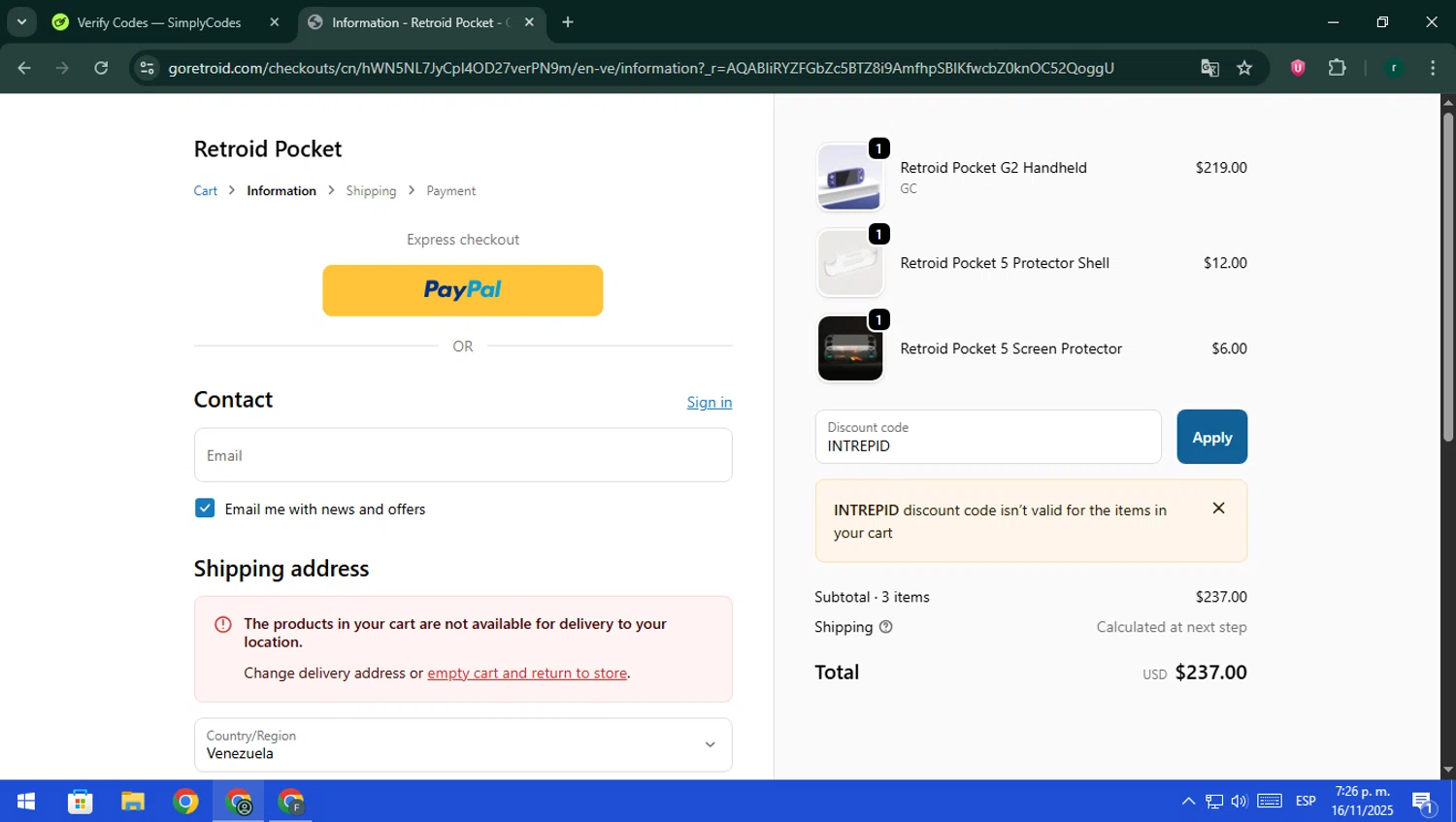 Retroid Pocket discount code screenshot showing code INTREPID applied at Retroid Pocket checkout page. Uploaded by SimplyCodes community member rodri1 on Nov 16, 2025