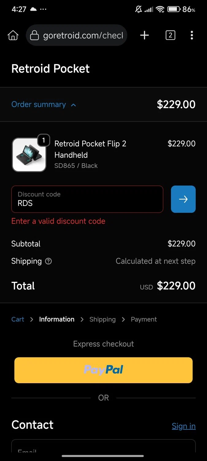 Retroid Pocket discount code screenshot showing code RDS applied at Retroid Pocket checkout page. Uploaded by SimplyCodes community member Diego_Soto on Sep 19, 2025