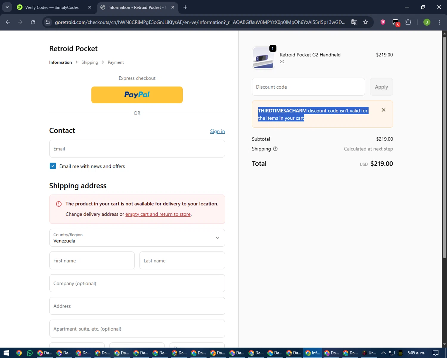 Retroid Pocket discount code screenshot showing code THIRDTIMESACHARM applied at Retroid Pocket checkout page. Uploaded by SimplyCodes community member LilBaby on Jan 30, 2026