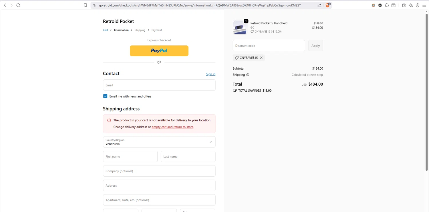 Retroid Pocket checkout page showing Retroid Pocket discount code box | Screenshot taken by SimplyCodes community member on Feb 10, 2026
