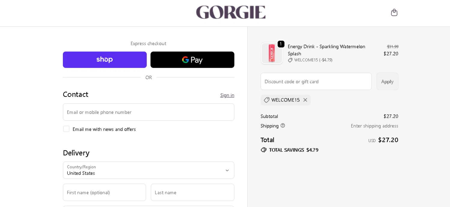 GORGIE promo code screenshot showing code WELCOME15 applied at GORGIE checkout page. Uploaded by SimplyCodes community member tuvalu10 on Dec 16, 2025
