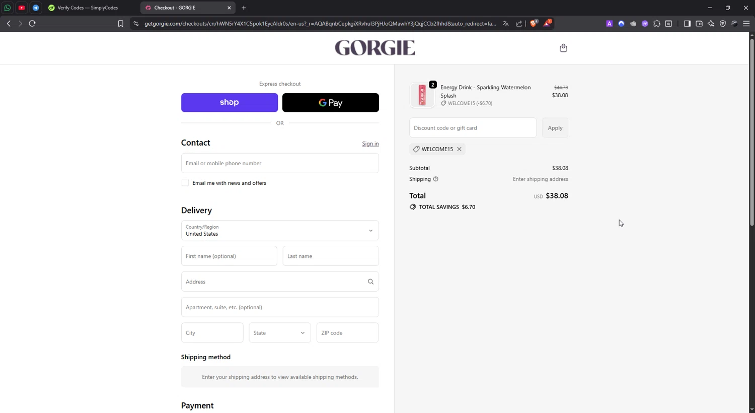 GORGIE promo code screenshot showing code WELCOME15 applied at GORGIE checkout page. Uploaded by SimplyCodes community member lisethchirino on Nov 29, 2025