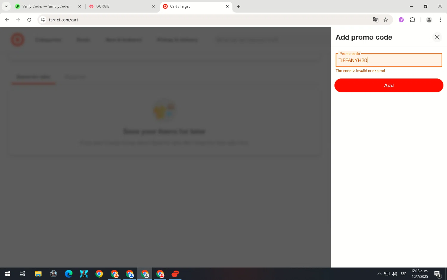 GORGIE promo code screenshot showing code TIFFANYH20 applied at GORGIE checkout page. Uploaded by SimplyCodes community member ScanNavigator5190 on Jul 10, 2025