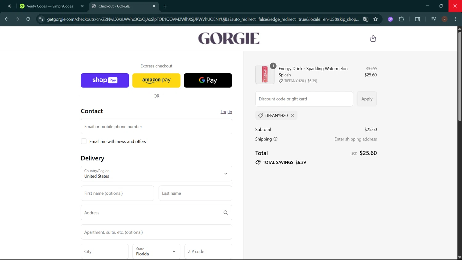 GORGIE promo code screenshot showing code TIFFANYH20 applied at GORGIE checkout page. Uploaded by SimplyCodes community member ShrewdPro2243 on Jul 10, 2025