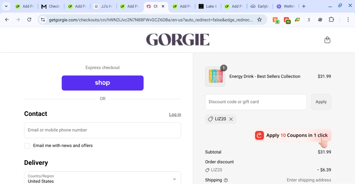 GORGIE promo code screenshot showing code liz20 applied at GORGIE checkout page. Uploaded by SimplyCodes community member KarinaHZ on Sep 7, 2025
