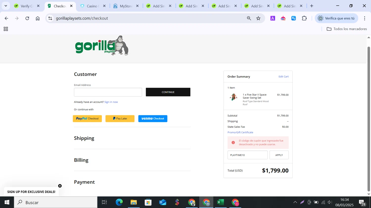 Gorilla Playsets coupon code screenshot showing code PLAYTIME10 applied at Gorilla Playsets checkout page. Uploaded by SimplyCodes community member MANUELURBINA on Mar 8, 2025