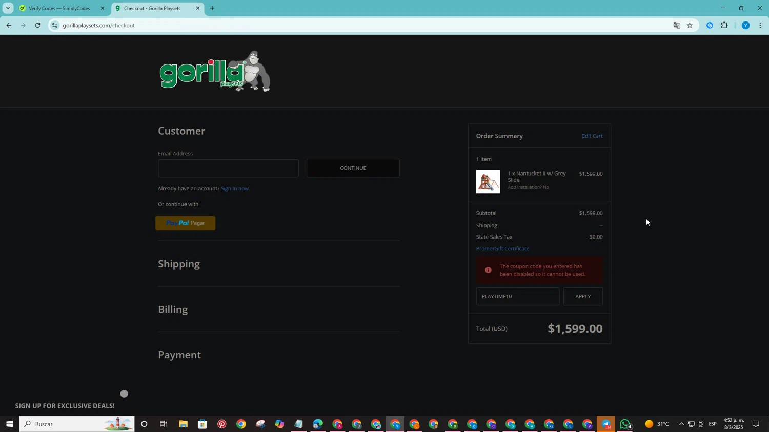 Gorilla Playsets coupon code screenshot showing code PLAYTIME10 applied at Gorilla Playsets checkout page. Uploaded by SimplyCodes community member CodeWarden5915 on Mar 8, 2025