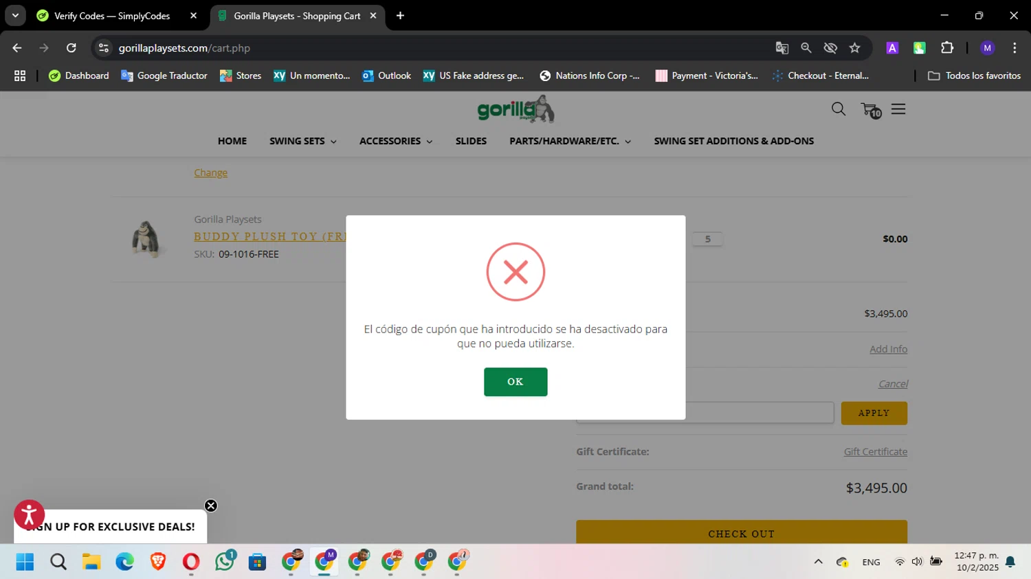 Gorilla Playsets coupon code screenshot showing code RANGER200 applied at Gorilla Playsets checkout page. Uploaded by SimplyCodes community member MarielisPb on Feb 10, 2025