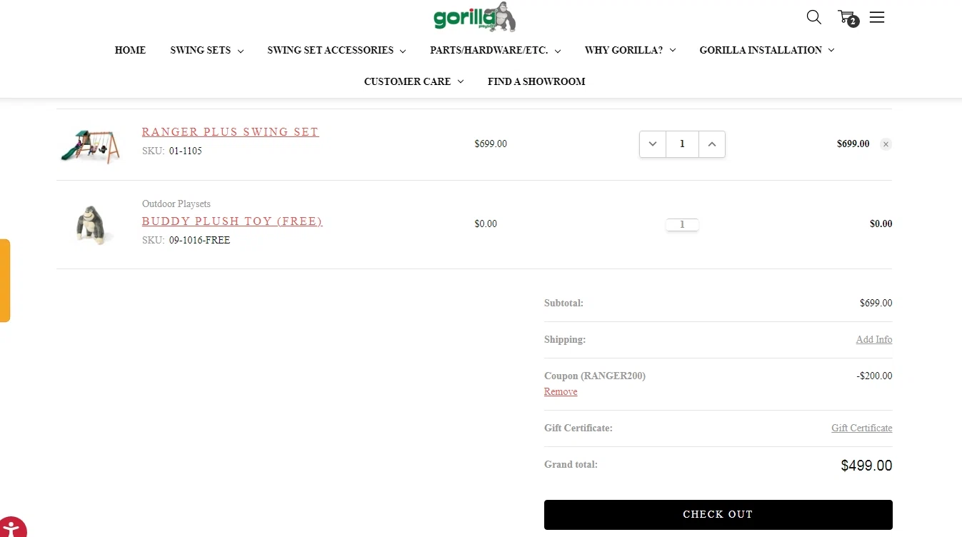 Gorilla Playsets checkout page showing Gorilla Playsets coupon code box | Screenshot taken by SimplyCodes community member on Mar 15, 2021