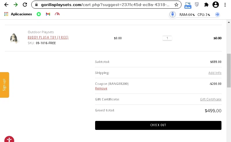 Gorilla Playsets checkout page showing Gorilla Playsets coupon code box | Screenshot taken by SimplyCodes community member on Mar 14, 2021