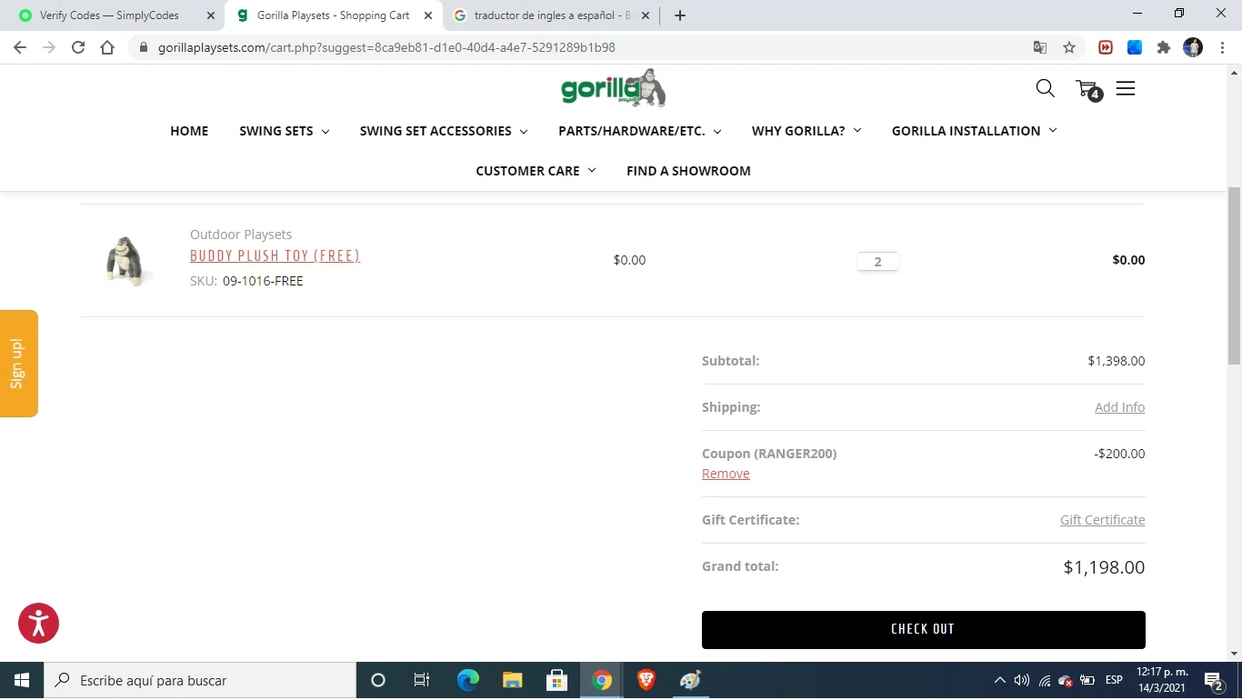 Gorilla Playsets checkout page showing Gorilla Playsets coupon code box | Screenshot taken by SimplyCodes community member on Mar 14, 2021