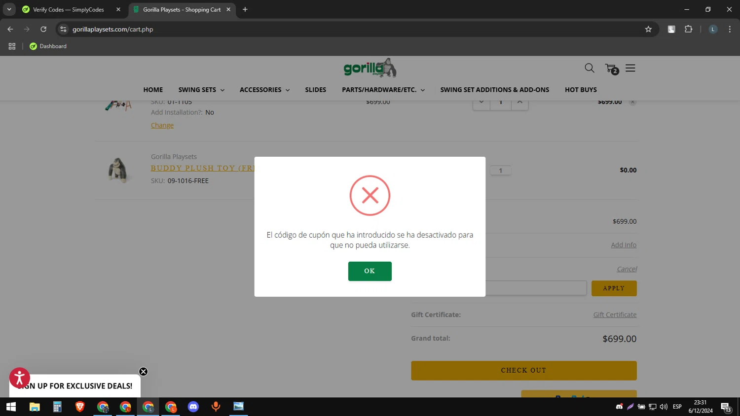 Gorilla Playsets checkout page showing Gorilla Playsets coupon code box | Screenshot taken by SimplyCodes community member on Dec 7, 2024