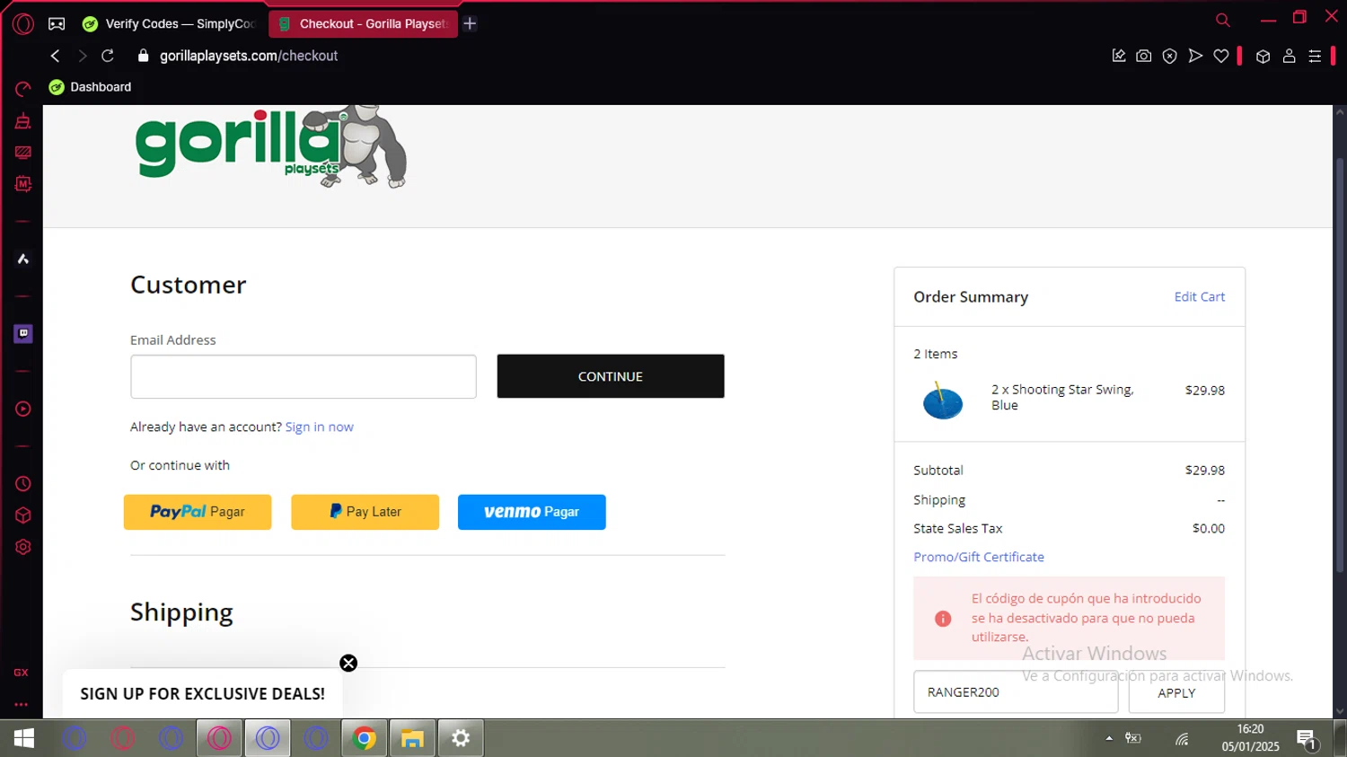 Gorilla Playsets coupon code screenshot showing code RANGER200 applied at Gorilla Playsets checkout page. Uploaded by SimplyCodes community member ExtraordinaryLynx8994 on Jan 5, 2025