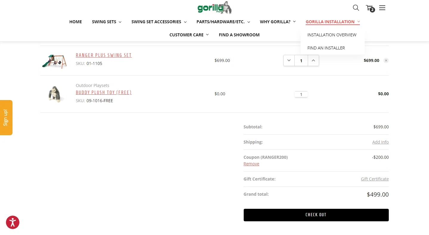 Gorilla Playsets checkout page showing Gorilla Playsets coupon code box | Screenshot taken by SimplyCodes community member on Mar 14, 2021