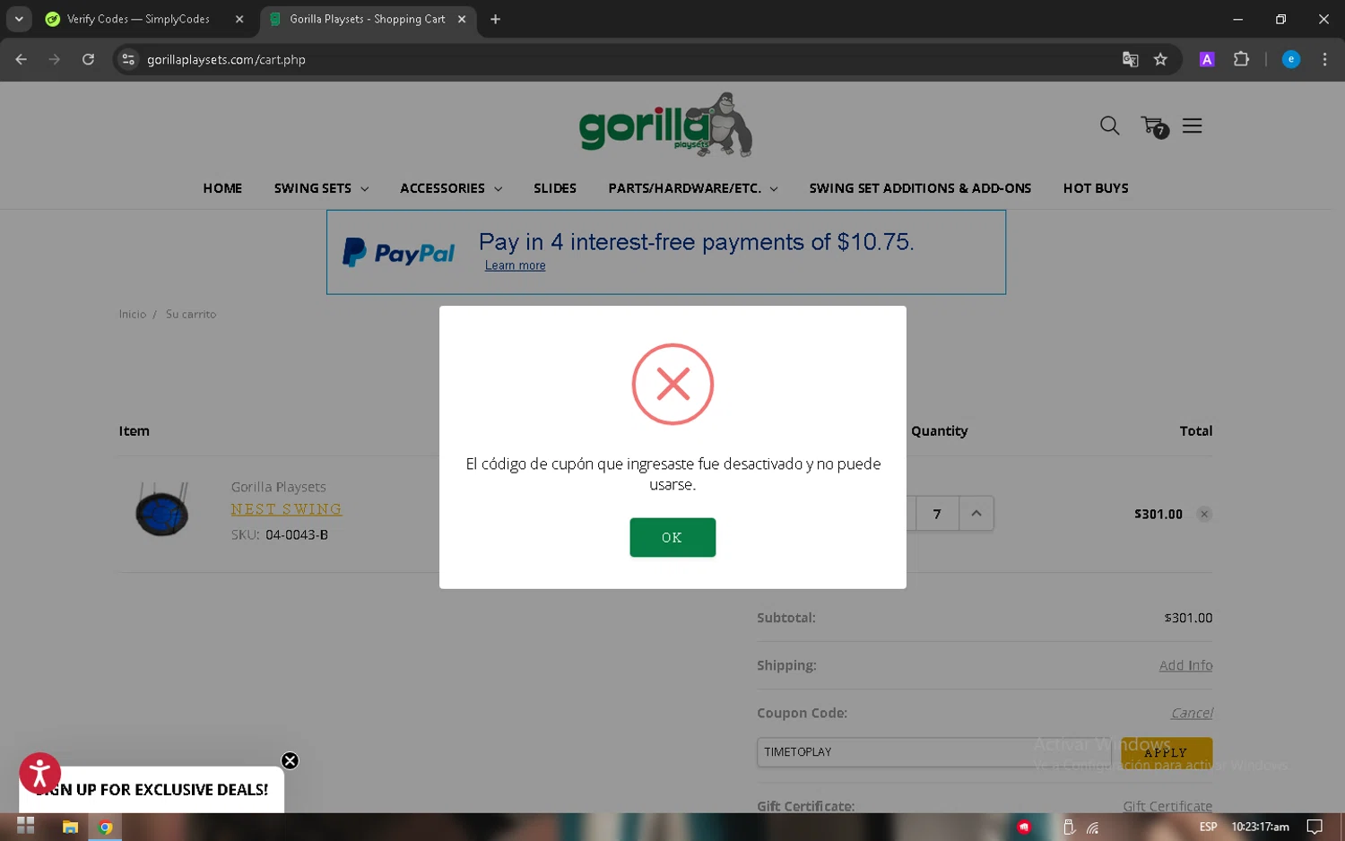 Gorilla Playsets coupon code screenshot showing code TIMETOPLAY applied at Gorilla Playsets checkout page. Uploaded by SimplyCodes community member Elvis_Medina on Mar 17, 2025