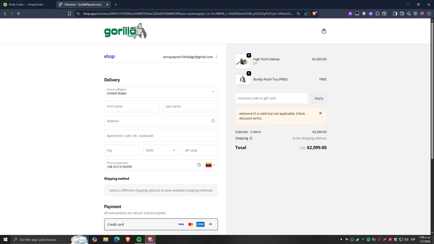 Gorilla Playsets coupon code screenshot showing code welcome15 applied at Gorilla Playsets checkout page. Uploaded by SimplyCodes community member Carlos54 on Jan 1, 2026