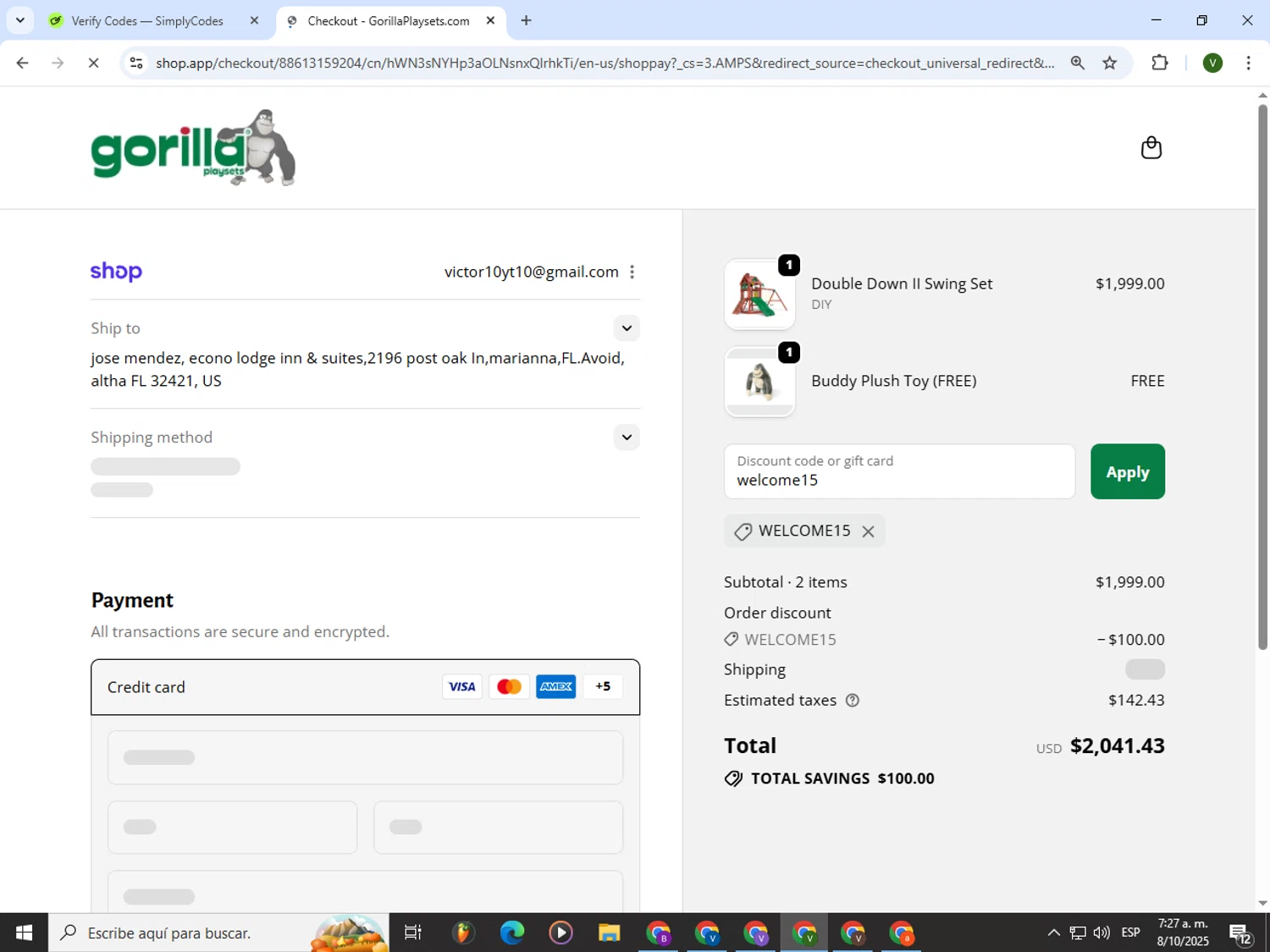 Gorilla Playsets coupon code screenshot showing code welcome15 applied at Gorilla Playsets checkout page. Uploaded by SimplyCodes community member PrimeWizard4168 on Oct 8, 2025