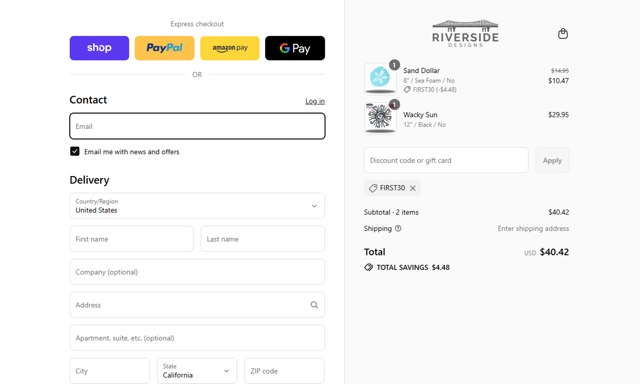 Riverside Designs checkout page showing Riverside Designs discount code box | Screenshot taken by SimplyCodes community member on Sep 7, 2025