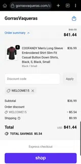 welcome15 coupon verification screenshot