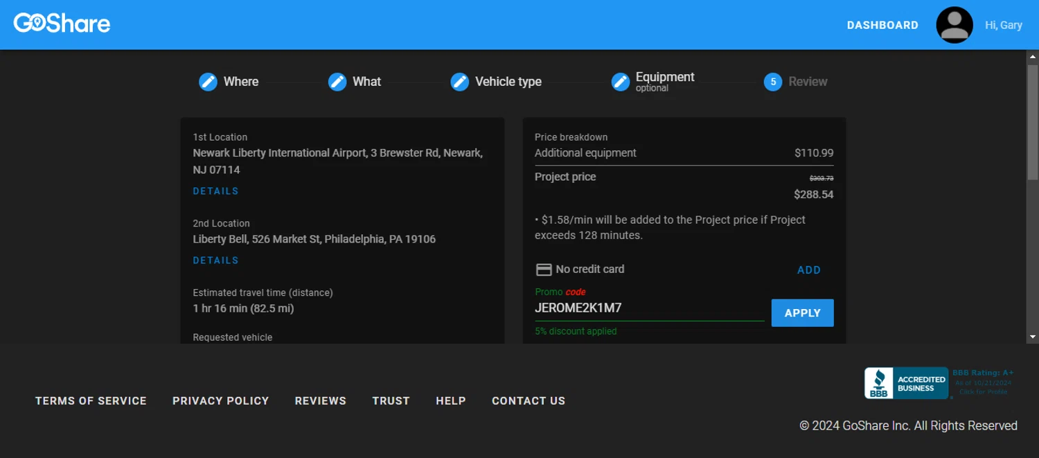 GoShare promo code screenshot showing code JEROME2K1M7 applied at GoShare checkout page. Uploaded by SimplyCodes community member 111111 on Nov 24, 2024