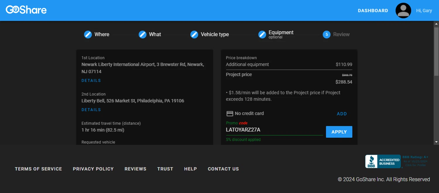 GoShare promo code screenshot showing code LATOYARZ27A applied at GoShare checkout page. Uploaded by SimplyCodes community member 111111 on Nov 24, 2024