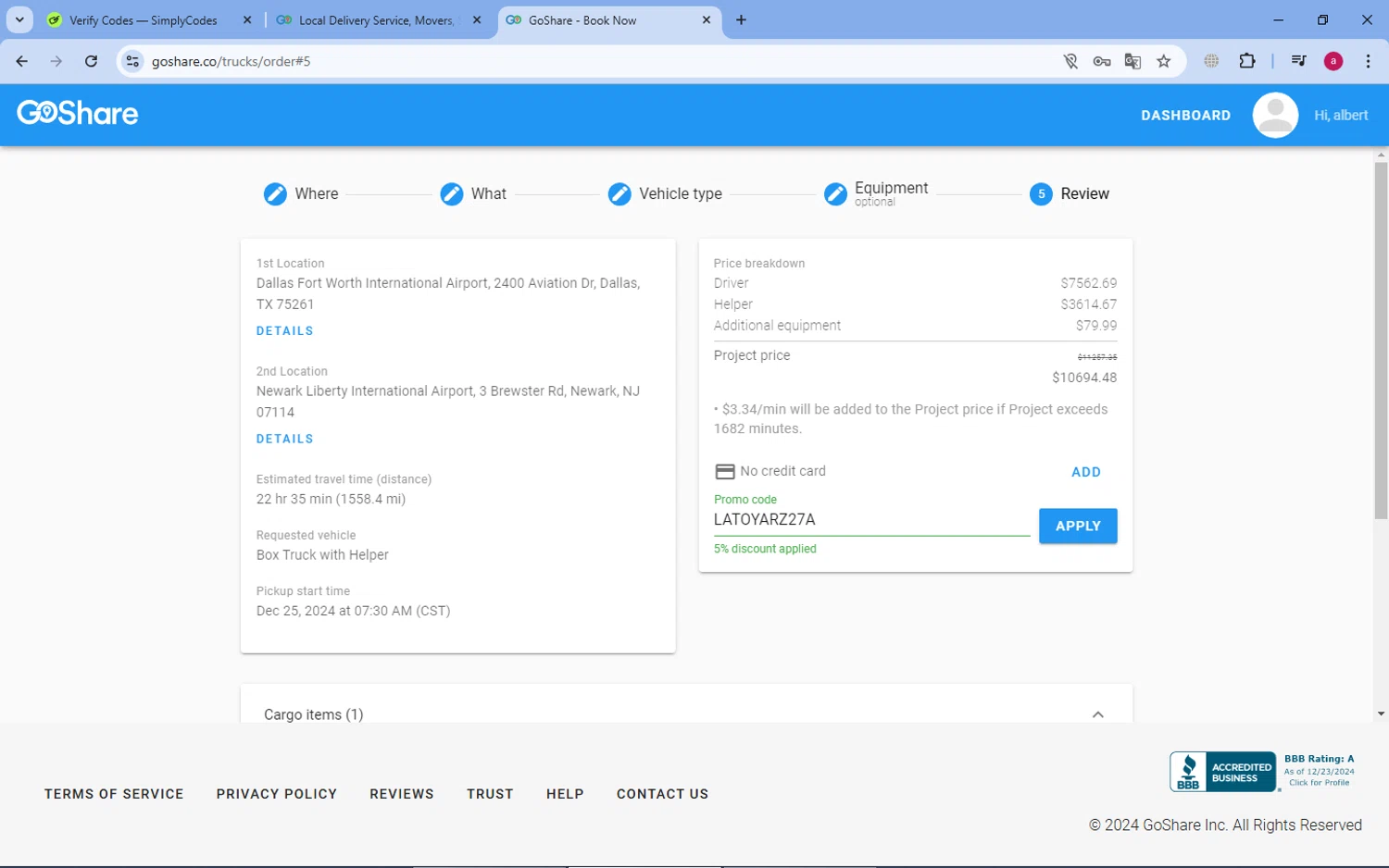 GoShare checkout page showing GoShare promo code box | Screenshot taken by SimplyCodes community member on Dec 25, 2024