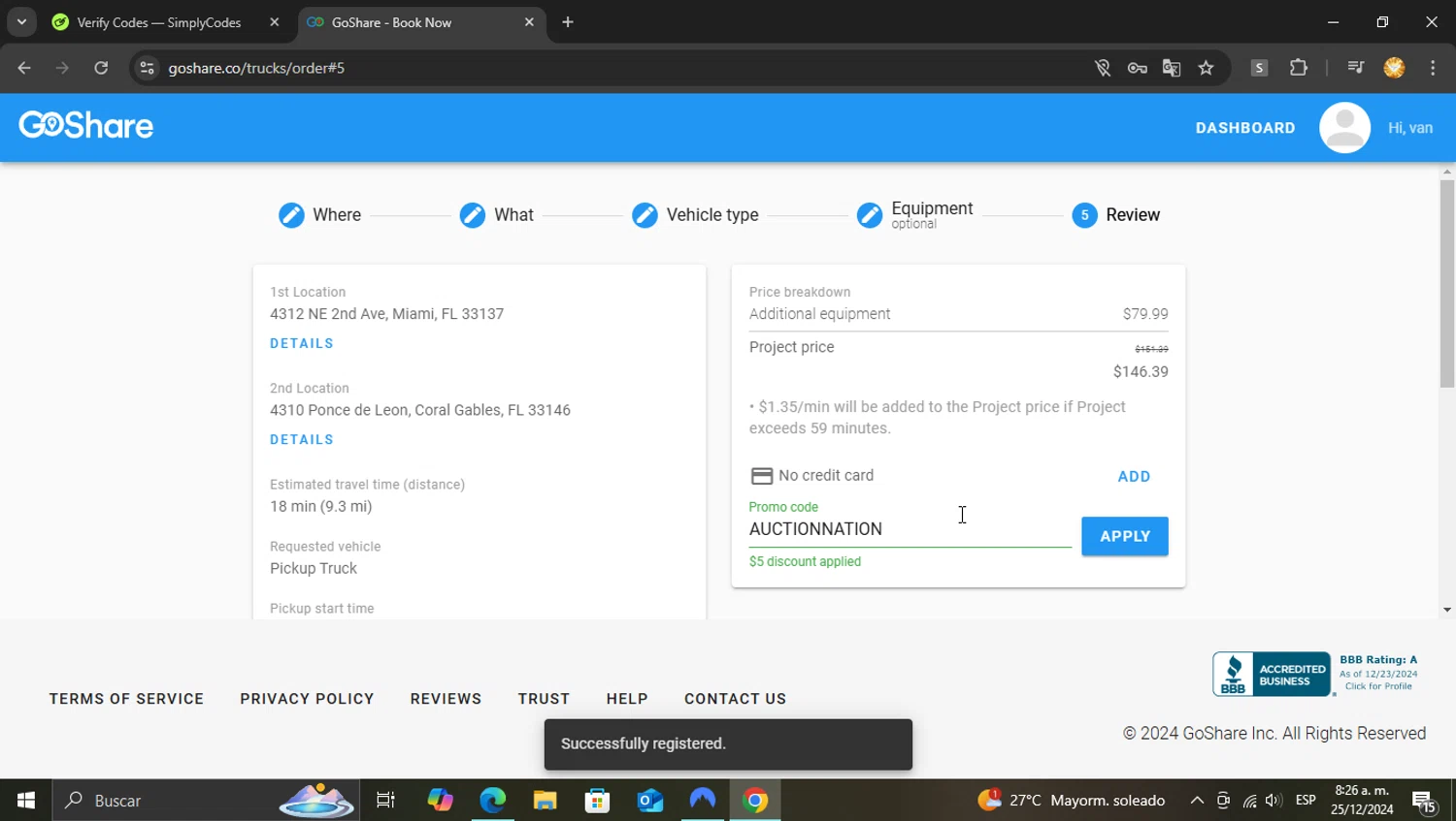 GoShare checkout page showing GoShare promo code box | Screenshot taken by SimplyCodes community member on Dec 25, 2024
