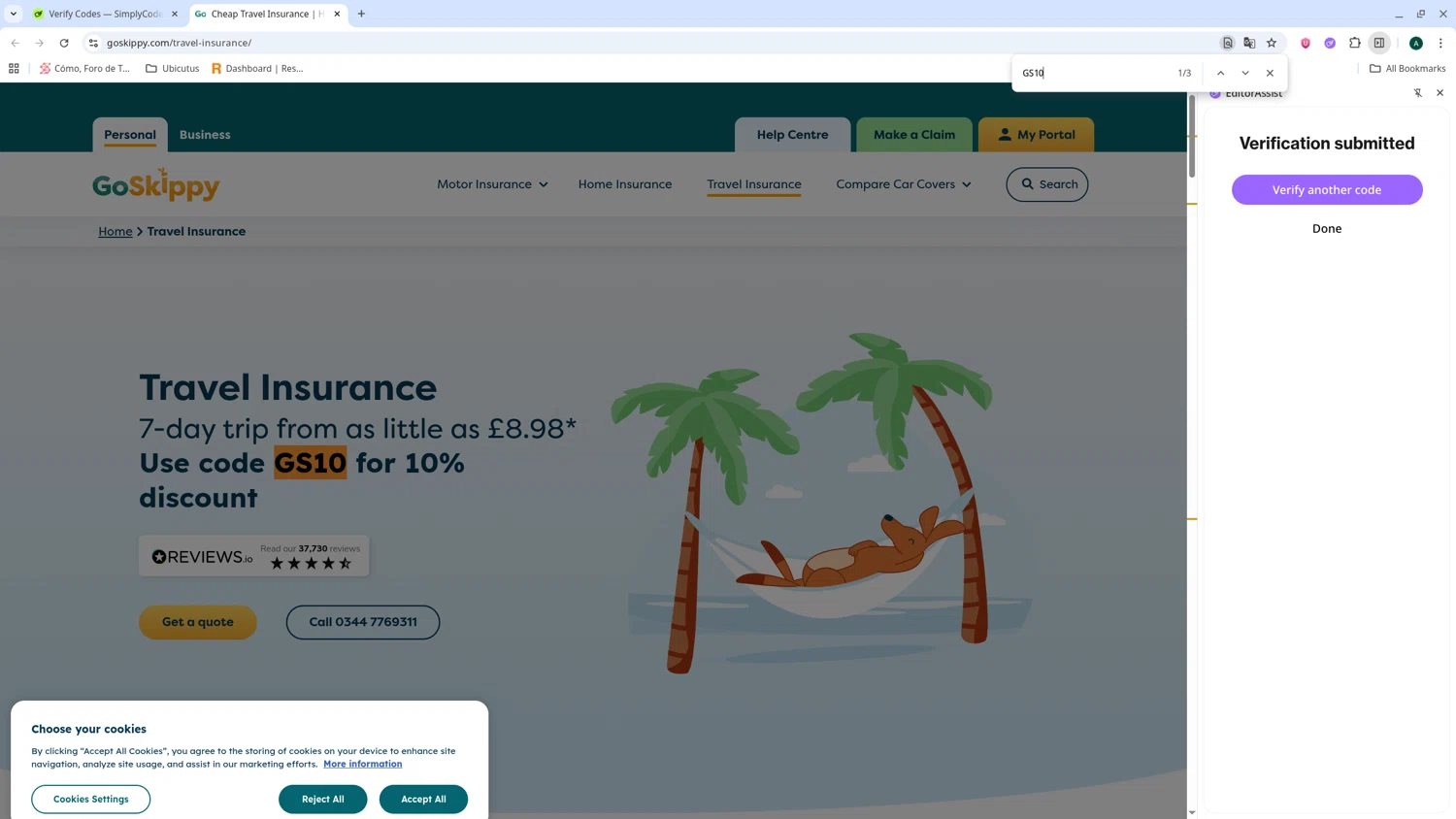 GoSkippy promo code screenshot showing code GS10 applied at GoSkippy checkout page. Uploaded by SimplyCodes community member admeneses on Aug 16, 2025