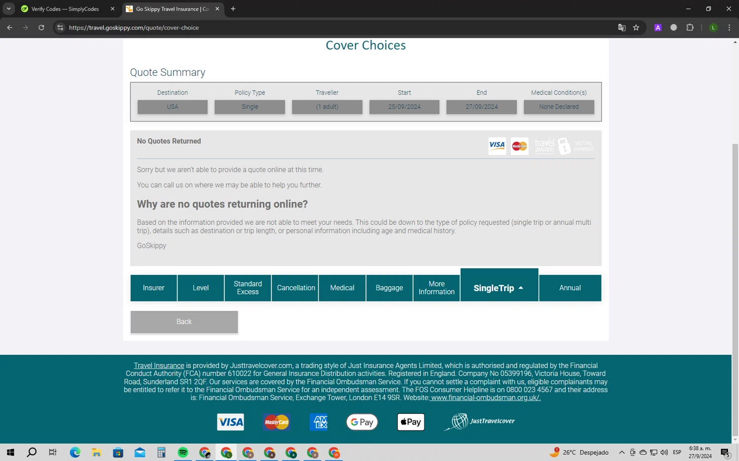 GoSkippy checkout page showing GoSkippy promo code box | Screenshot taken by SimplyCodes community member on Sep 27, 2024