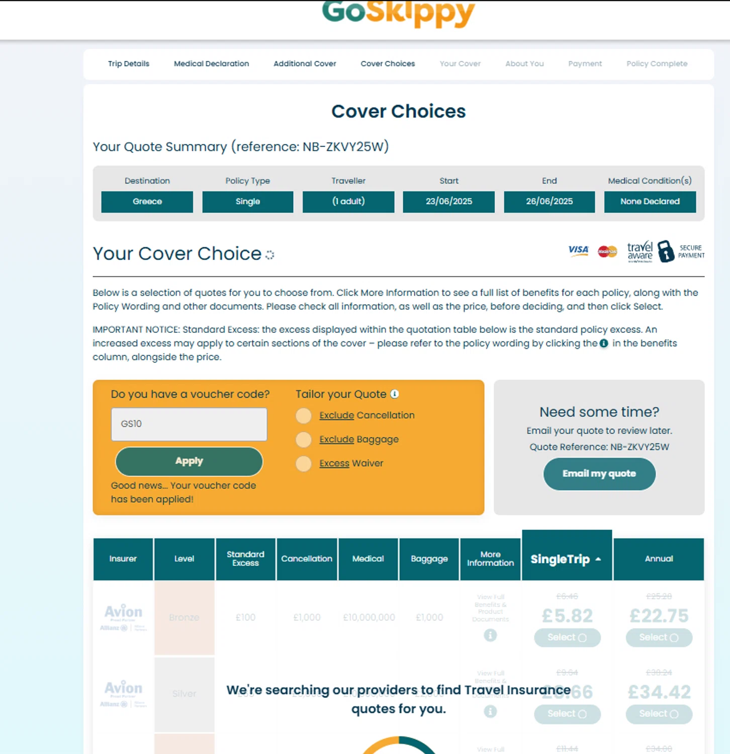 GoSkippy promo code screenshot showing code GS10 applied at GoSkippy checkout page. Uploaded by SimplyCodes community member jesspea on Jun 24, 2025