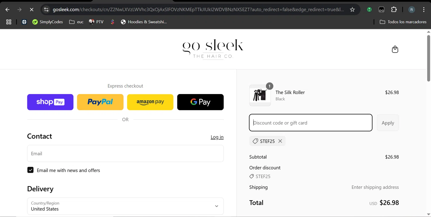 Go Sleek Hair coupon code screenshot showing code STEF25 applied at Go Sleek Hair checkout page. Uploaded by SimplyCodes community member MarcoReus on Mar 31, 2025