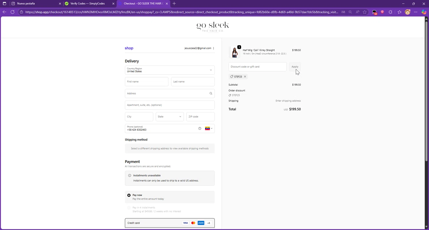 Go Sleek Hair coupon code screenshot showing code STEF25 applied at Go Sleek Hair checkout page. Uploaded by SimplyCodes community member Raibelys_18 on Sep 24, 2025