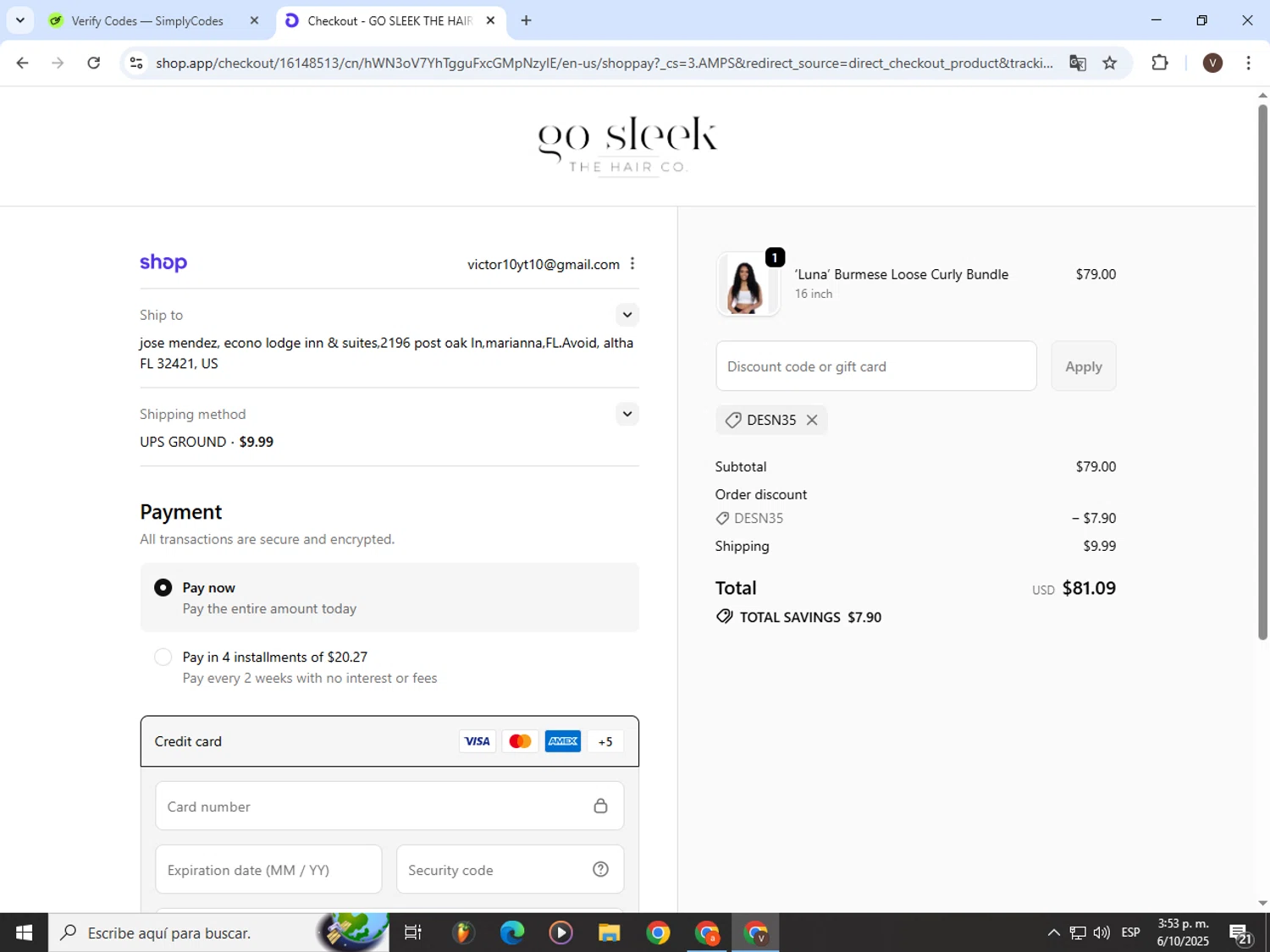 Go Sleek Hair coupon code screenshot showing code DESN35 applied at Go Sleek Hair checkout page. Uploaded by SimplyCodes community member CashLion3448 on Oct 6, 2025
