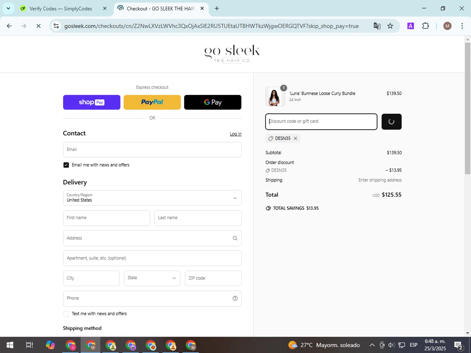 Go Sleek Hair coupon code screenshot showing code DESN35 applied at Go Sleek Hair checkout page. Uploaded by SimplyCodes community member VoucherExpert8533 on Mar 25, 2025