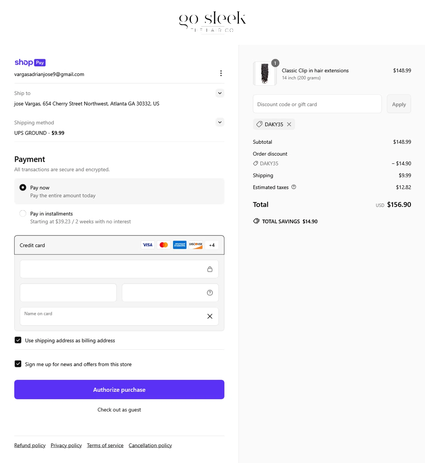 Go Sleek Hair coupon code screenshot showing code DAKY35 applied at Go Sleek Hair checkout page. Uploaded by SimplyCodes community member WladimirV on Jun 15, 2025