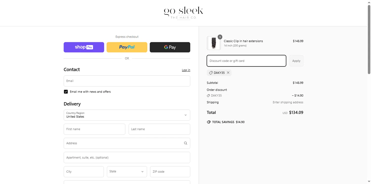 Go Sleek Hair coupon code screenshot showing code DAKY35 applied at Go Sleek Hair checkout page. Uploaded by SimplyCodes community member renegul on Mar 25, 2025