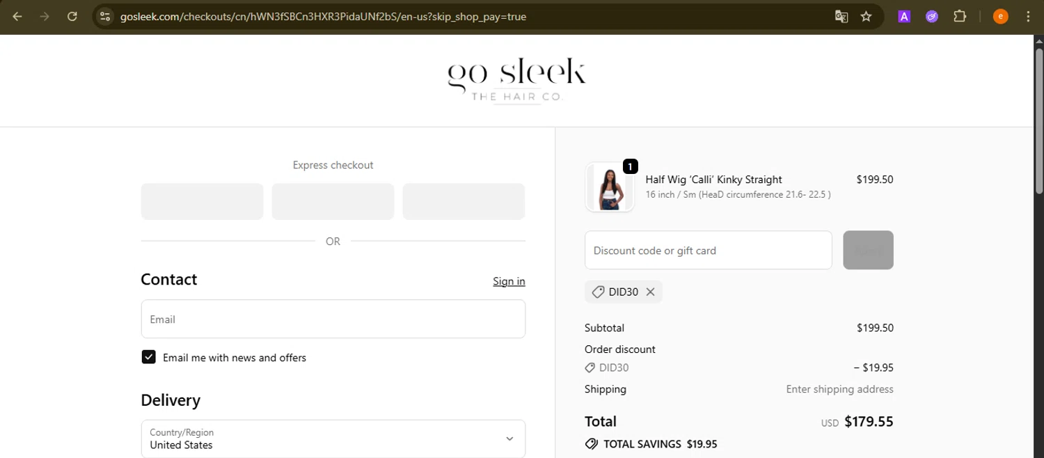 Go Sleek Hair coupon code screenshot showing code DID30 applied at Go Sleek Hair checkout page. Uploaded by SimplyCodes community member NobleElite1598 on Oct 2, 2025