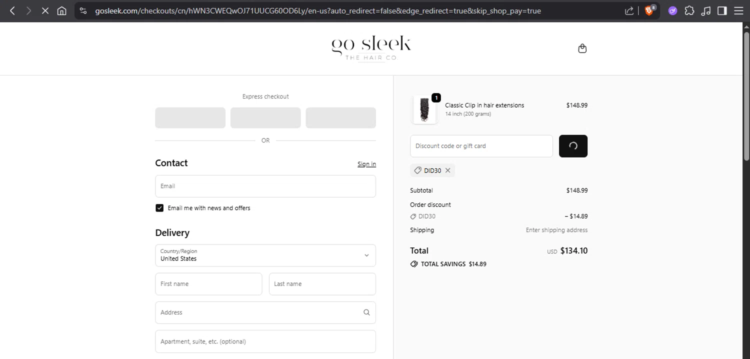 Go Sleek Hair coupon code screenshot showing code DID30 applied at Go Sleek Hair checkout page. Uploaded by SimplyCodes community member xAngel on Sep 20, 2025