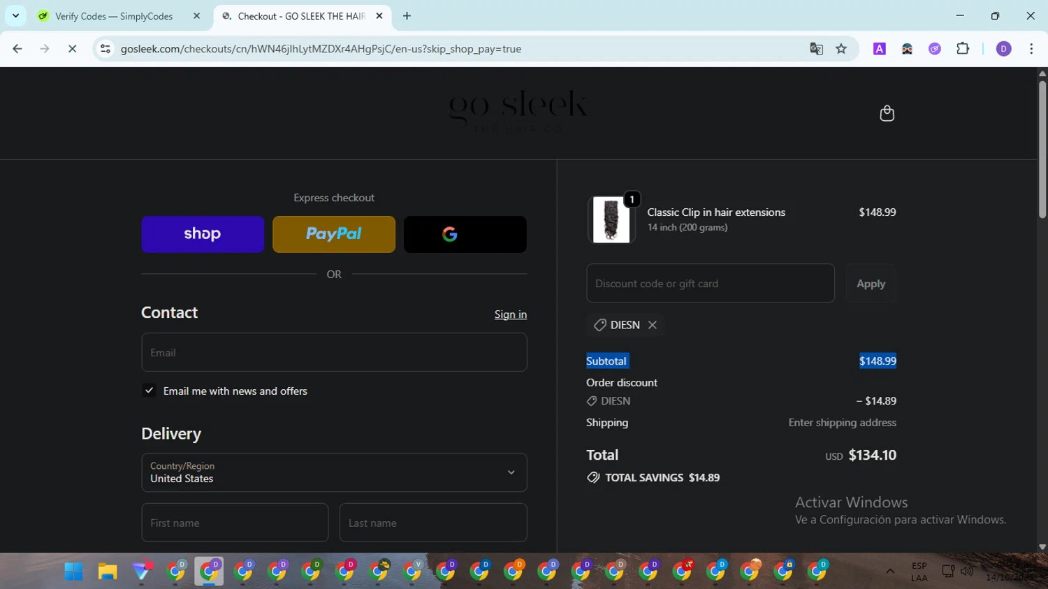 Go Sleek Hair coupon code screenshot showing code DIESN applied at Go Sleek Hair checkout page. Uploaded by SimplyCodes community member EpicSpotter8045 on Oct 14, 2025