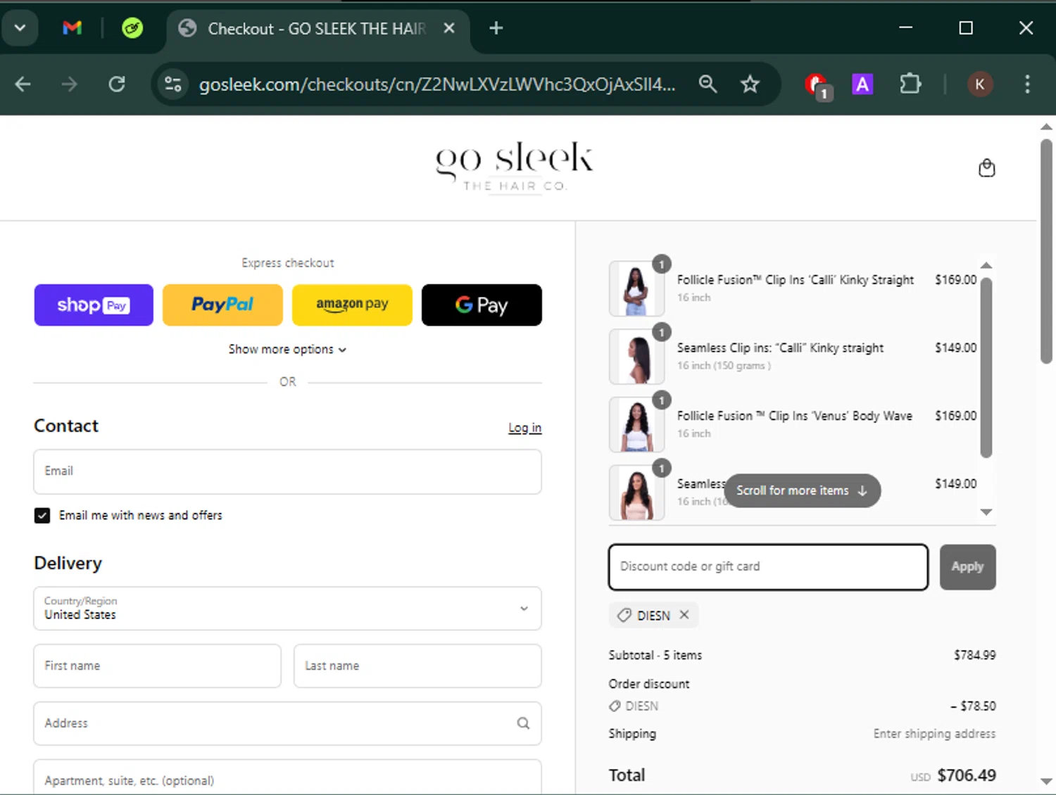 Go Sleek Hair coupon code screenshot showing code DIESN applied at Go Sleek Hair checkout page. Uploaded by SimplyCodes community member Keilynkeyonshea on Apr 7, 2025