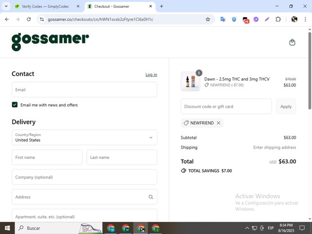 Gossamer checkout page showing Gossamer discount code box | Screenshot taken by SimplyCodes community member on Aug 17, 2025