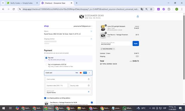 Gossamer Gear checkout page showing Gossamer Gear coupon code box | Screenshot taken by SimplyCodes community member on Sep 11, 2025