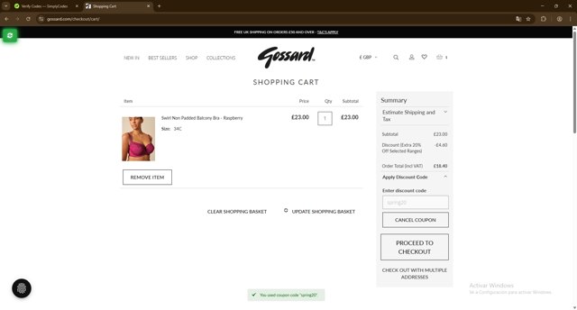 Gossard checkout page showing Gossard discount code box | Screenshot taken by SimplyCodes community member on Mar 30, 2025