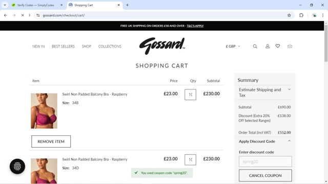 Gossard checkout page showing Gossard discount code box | Screenshot taken by SimplyCodes community member on Mar 30, 2025