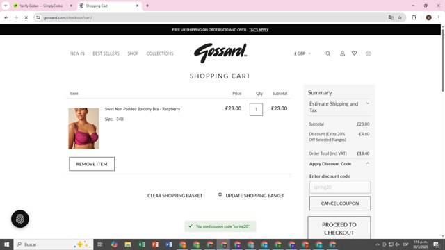 Gossard checkout page showing Gossard discount code box | Screenshot taken by SimplyCodes community member on Mar 30, 2025