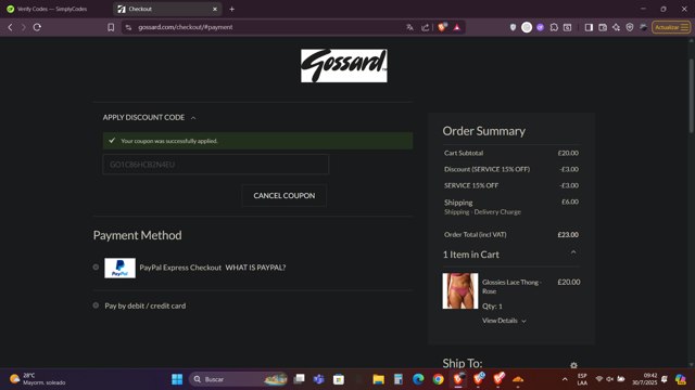 Gossard checkout page showing Gossard discount code box | Screenshot taken by SimplyCodes community member on Jul 30, 2025