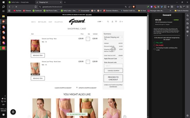 Gossard checkout page showing Gossard discount code box | Screenshot taken by SimplyCodes community member on Aug 8, 2025