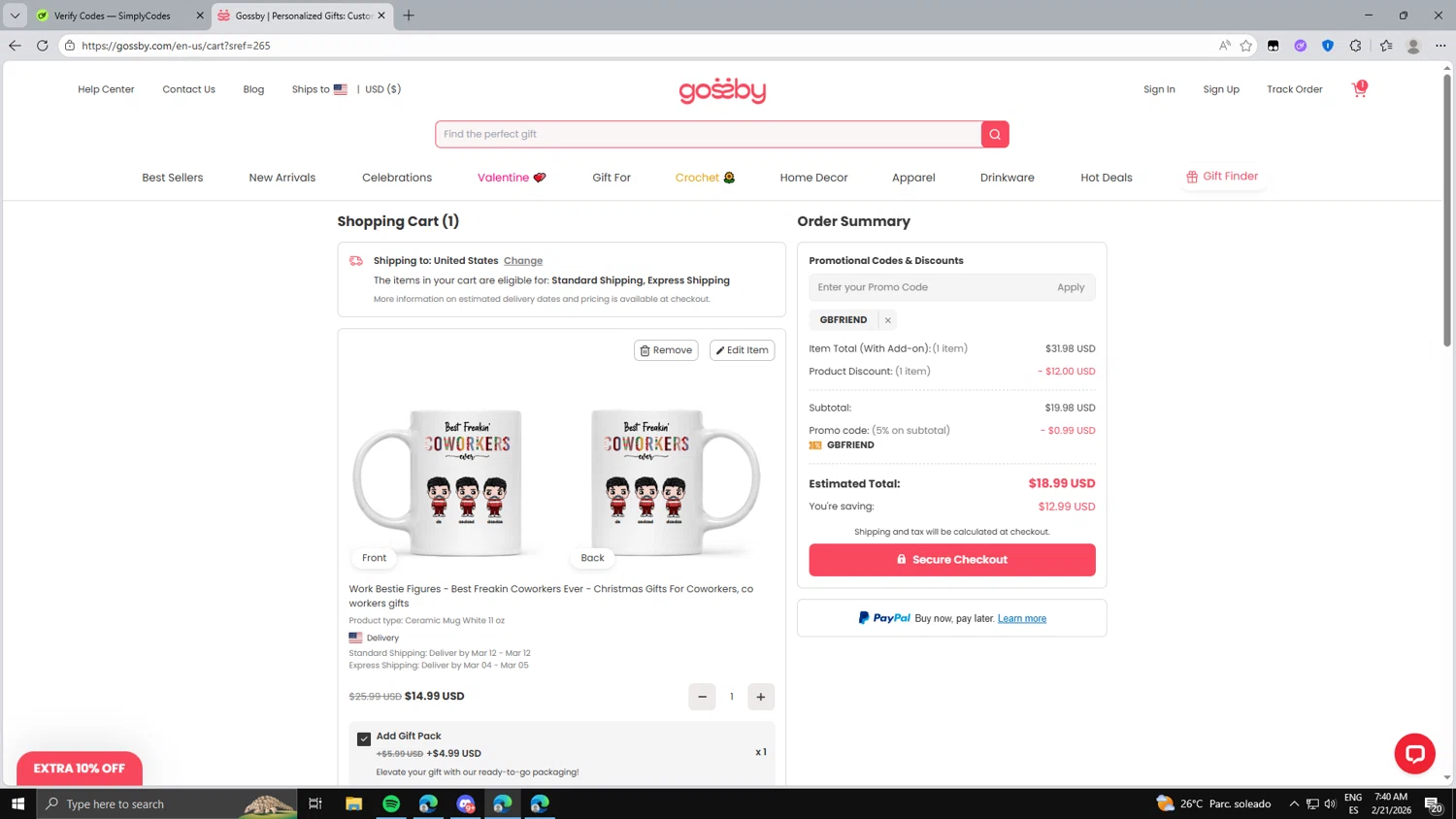 Gossby promo code screenshot showing code Gbfriend applied at Gossby checkout page. Uploaded by SimplyCodes community member fghfgefds2 on Feb 21, 2026