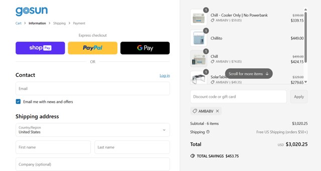 GoSun checkout page showing GoSun discount code box | Screenshot taken by SimplyCodes community member on May 11, 2025